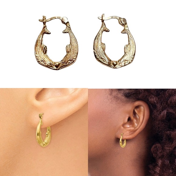 Jewelry - 14K Pure Gold Double Dolphin Shaped Motif Hoop Earrings